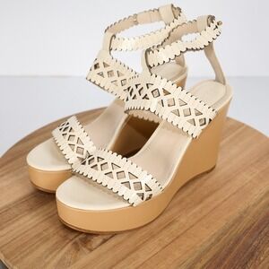Chloe Lauren Scalloped Wedge Sandals Cream Tan Leather Platform Heels Size 37.5